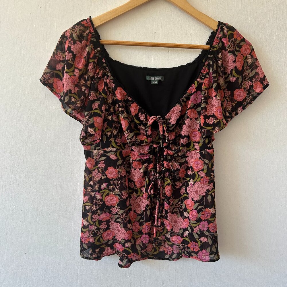 Dark Cottagecore Blouse Womens Small Tie‎ Front Whimsy Feminine Y2K Pink Floral